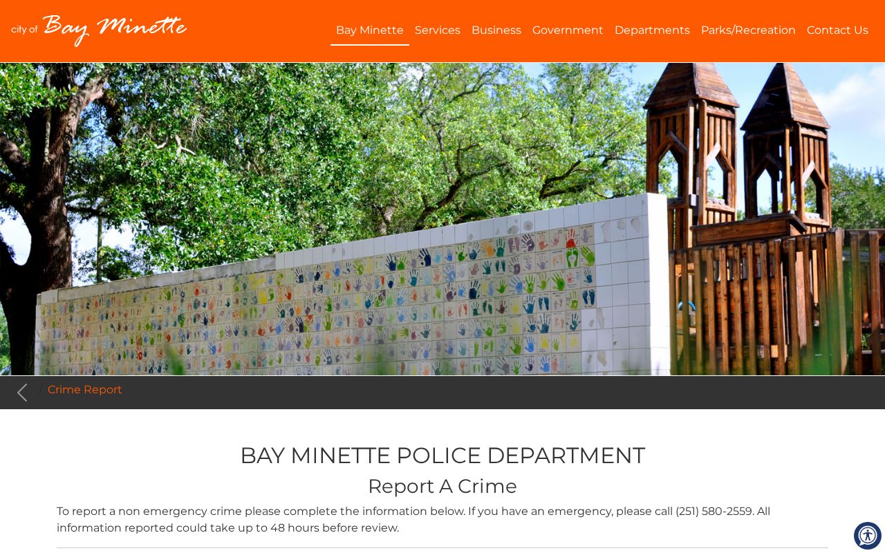 Empty official Bay Minette Crime Report page without busted mugshot entries