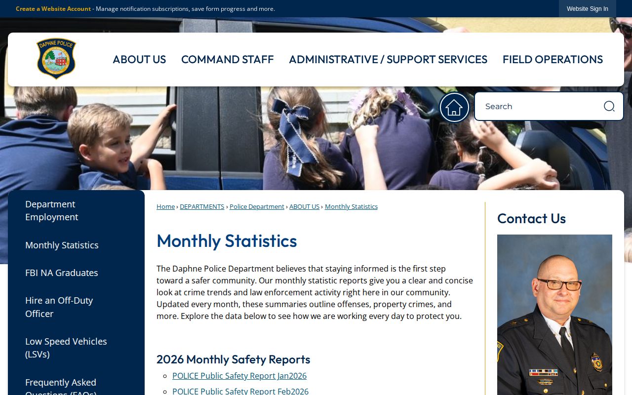 Daphne Police monthly aggregate reports rather than busted mugshot records