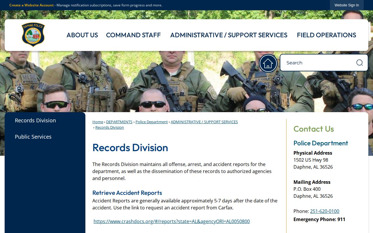 Daphne Police Records Division arrest-record request information