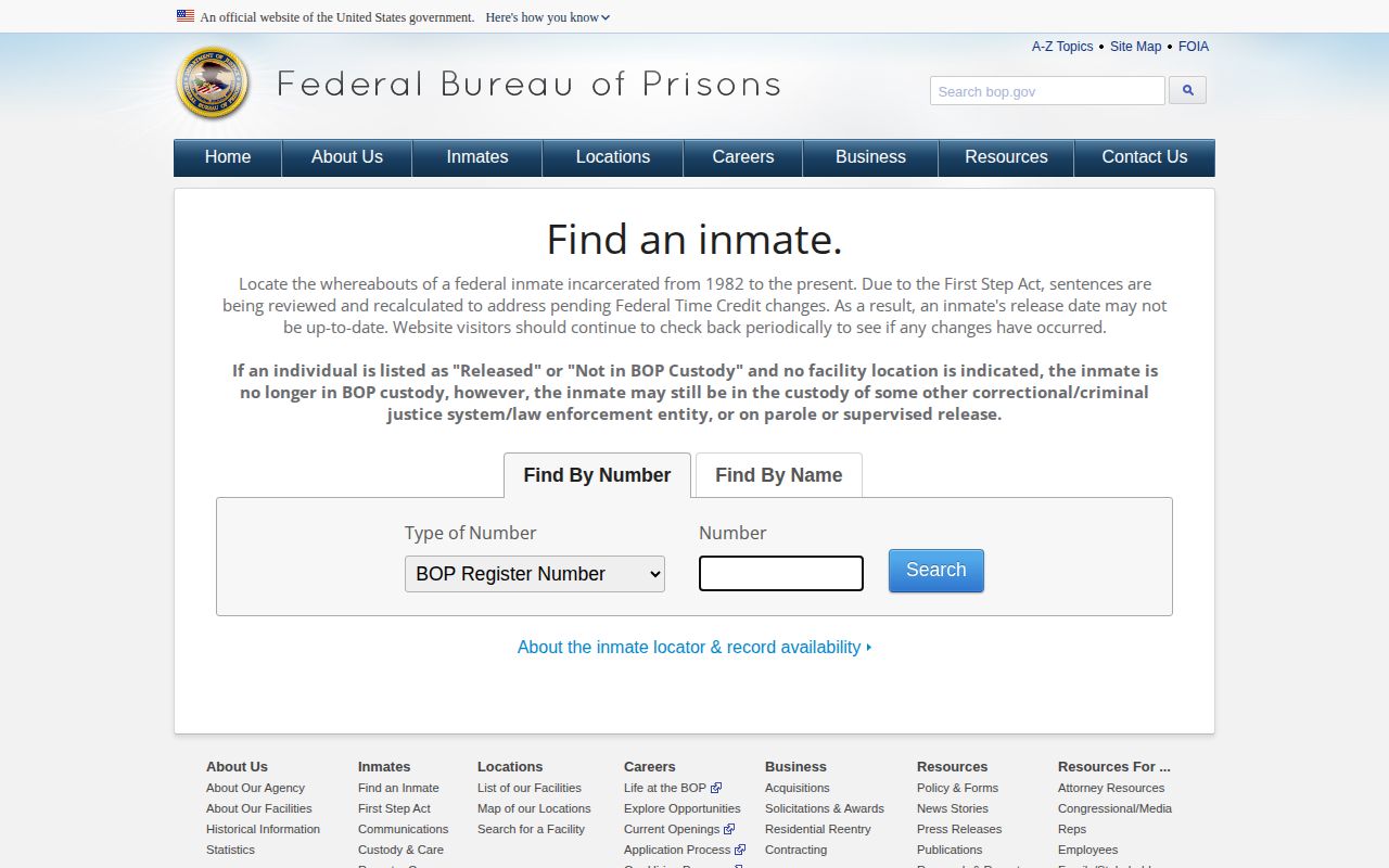 Federal Bureau of Prisons locator for a Baldwin County federal custody check
